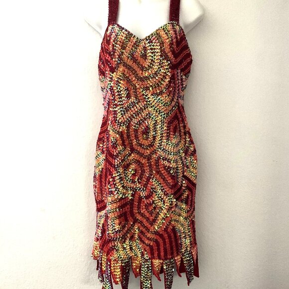 RED & GOLD SEQUIN FRINGE SHOW STOPPER DANCE DRESS COSTUME HEAVY - Picture 1 of 14